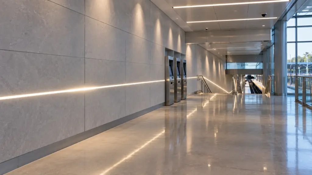 Chasing white addressable COB LED strip guiding passengers along a transit station concourse wall