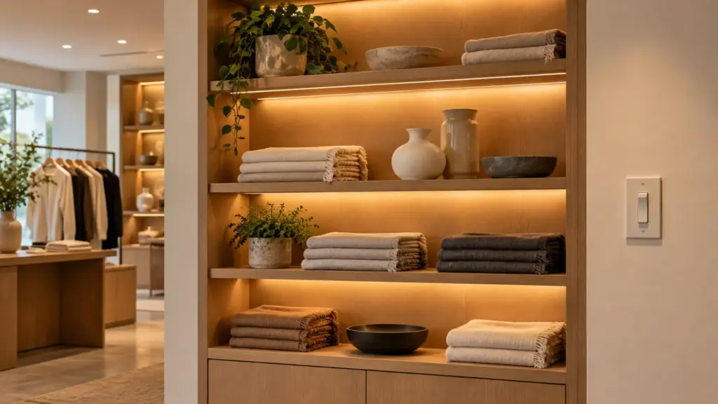 Boutique shelf lit by dimmable LED strip beside an existing wall dimmer