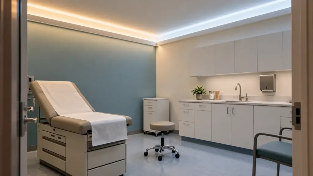 Clinic exam room cove with tunable white LED strip set to 4000K on one side and 5000K on the other