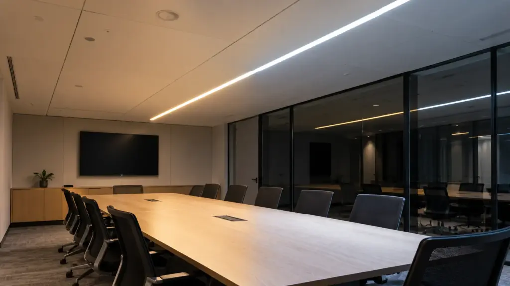Conference room ceiling slot with tunable white LED strip at 4000K on one half and 5000K on the other