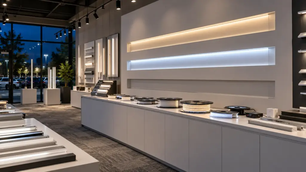 Tunable white LED strip demonstration slots in a lighting distributor showroom at 4000K and 5000K