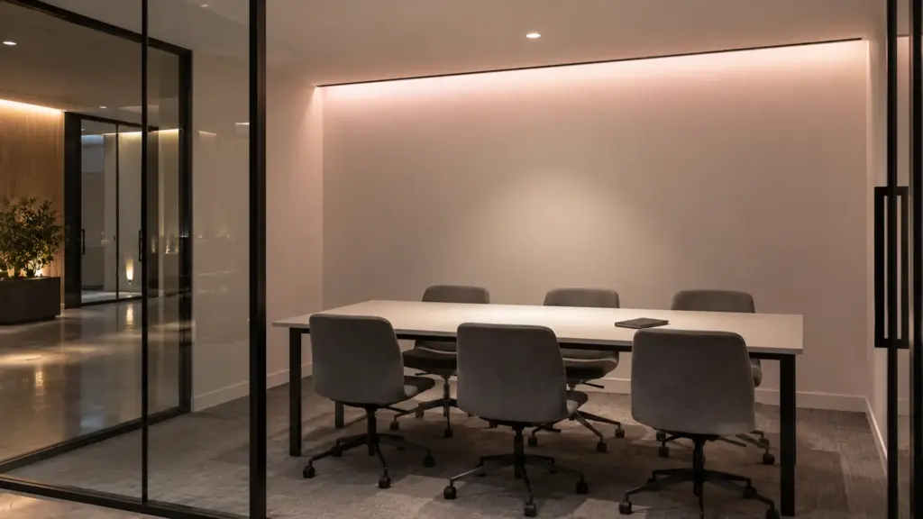 Meeting room in a research lab building with tunable white LED strip set mid-range, its wall wash a touch pink beside a neutral downlight