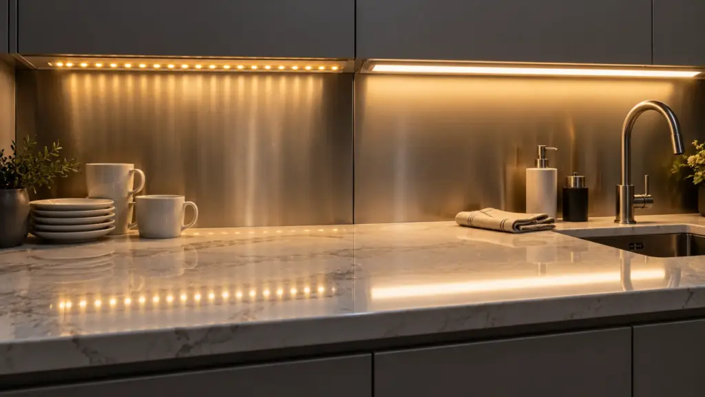 Under-cabinet LED strip over a stone counter with a dotted reflection on one bay and a soft band on the other