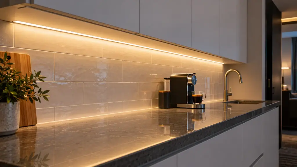 Under-cabinet LED strip near front edge lighting polished stone counter and backsplash