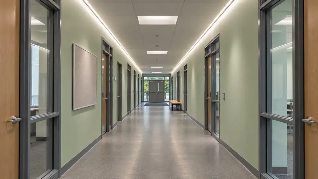 University administration corridor with a slim recessed CSP line along the ceiling edge on both walls and glass office doors