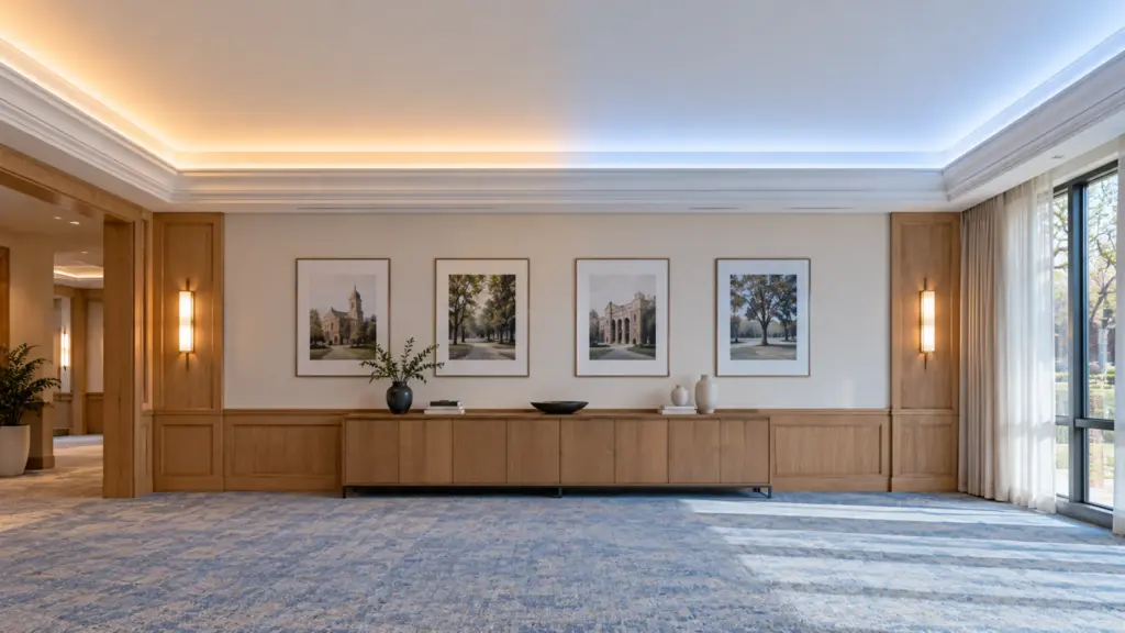 Tunable white LED strip crown molding cove in a university alumni hall at two color temperatures