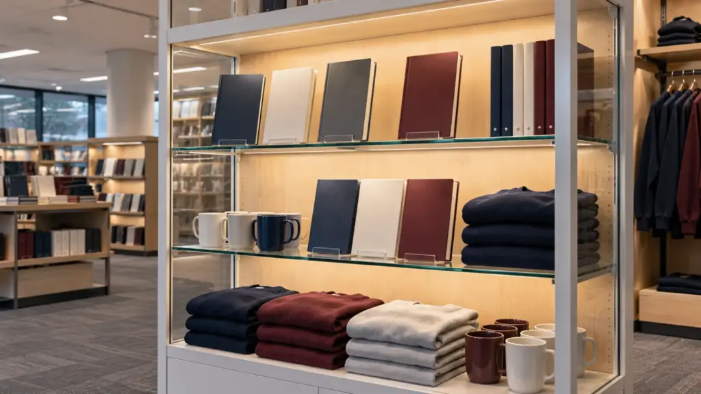 University bookstore glass display case lit from its top front corner by a 45 degree LED channel