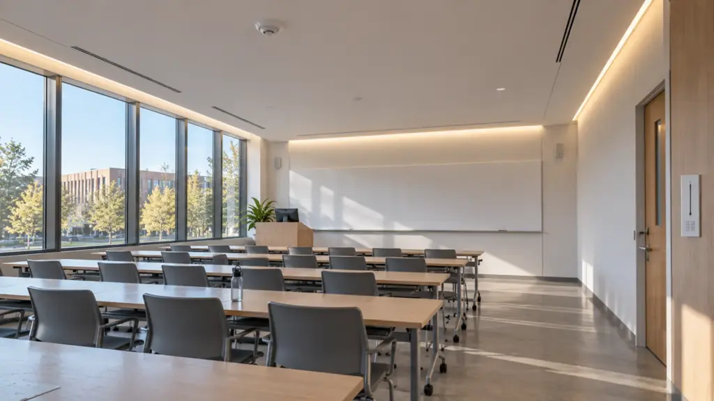 University classroom with LED strip in slots along the wall-ceiling edges, dimmed partway, a ceiling occupancy sensor and a wall dimmer