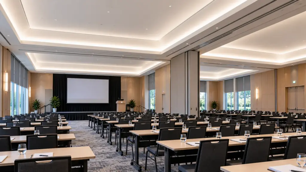 University conference center ballroom set for a lecture, the perimeter cove on RGB plus tunable white strip in even 4000K white
