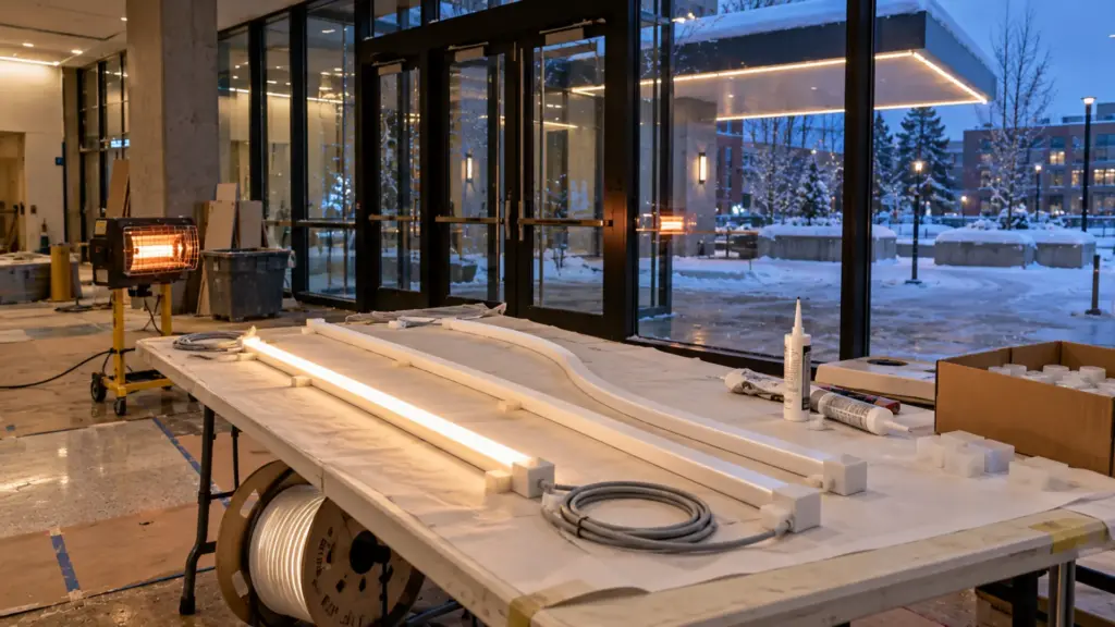 University building entrance hall under construction with LED neon flex ends being capped and sealed on a folding table indoors before going outside