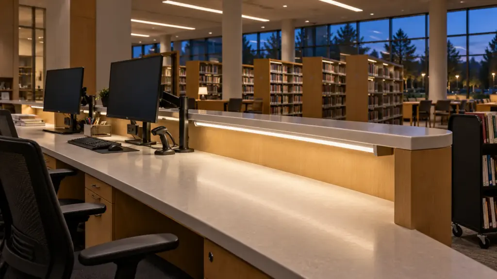 University library circulation desk with LED strip in a deep opal channel under the ledge lighting the counter beside the monitors