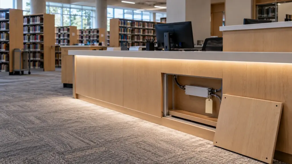 University library circulation desk with its lower access panel open showing a driver on a shelf within easy reach
