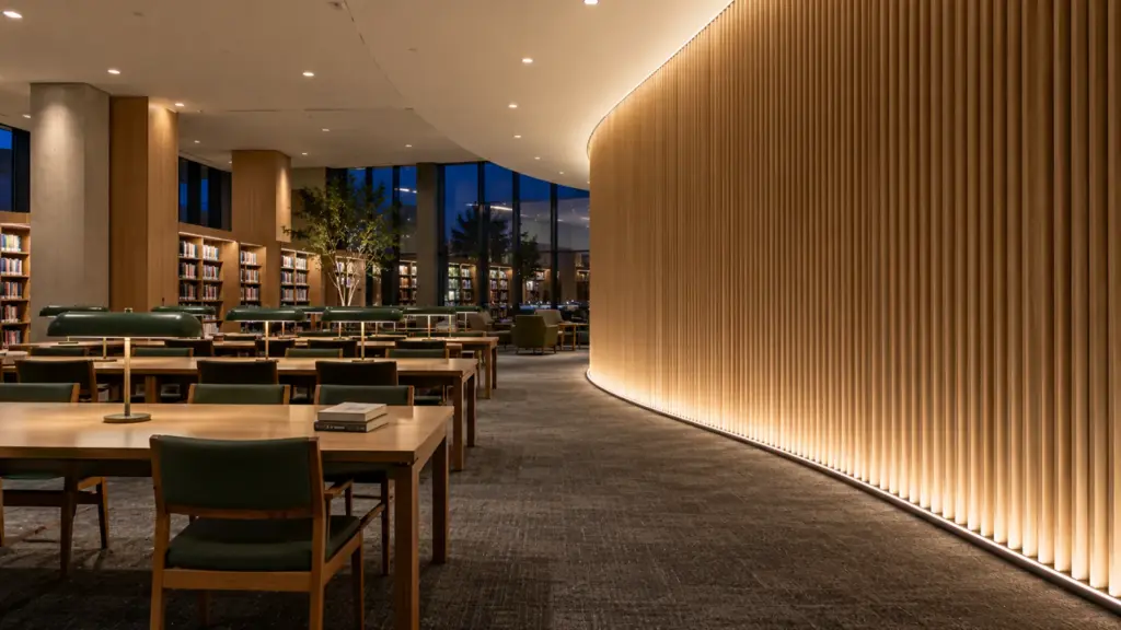 University library curved feature wall washed by a silicone LED wall washer bar that follows the curve