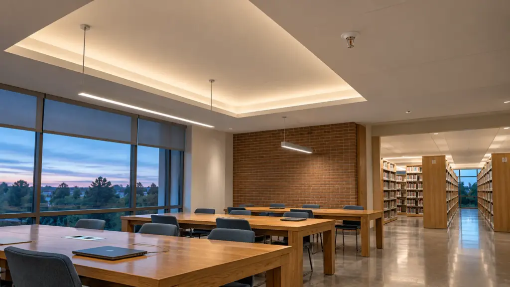 University library reading room with an upward-facing LED cove and a sprinkler head in the lower ceiling panel