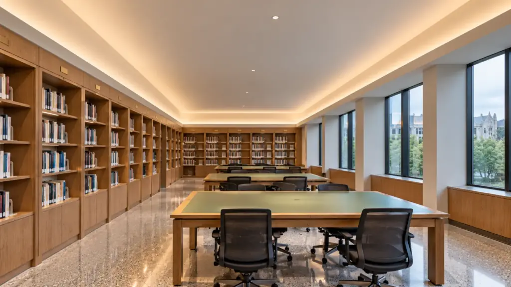 University library reading room lit by SCOB LED strip hidden in a perimeter ceiling cove, washing the ceiling at 4000K