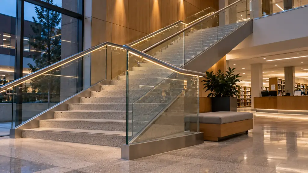 University library stair with a glass balustrade left clear and the handrail groove lit by a slim LED line