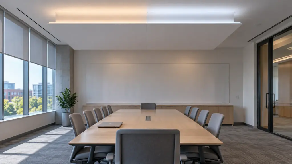 Seminar room with a ceiling cloud over the table, its edge lit in tunable white at two settings, 4000K and 5000K