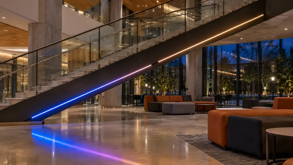 University student union stair with addressable strip along the stringer, one dark segment and the color gradient continuing past it
