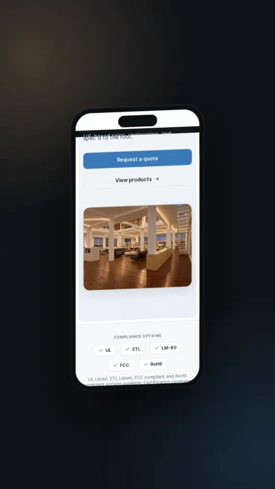 iPhone showing the unitoplighting.com homepage, cover of the launch short