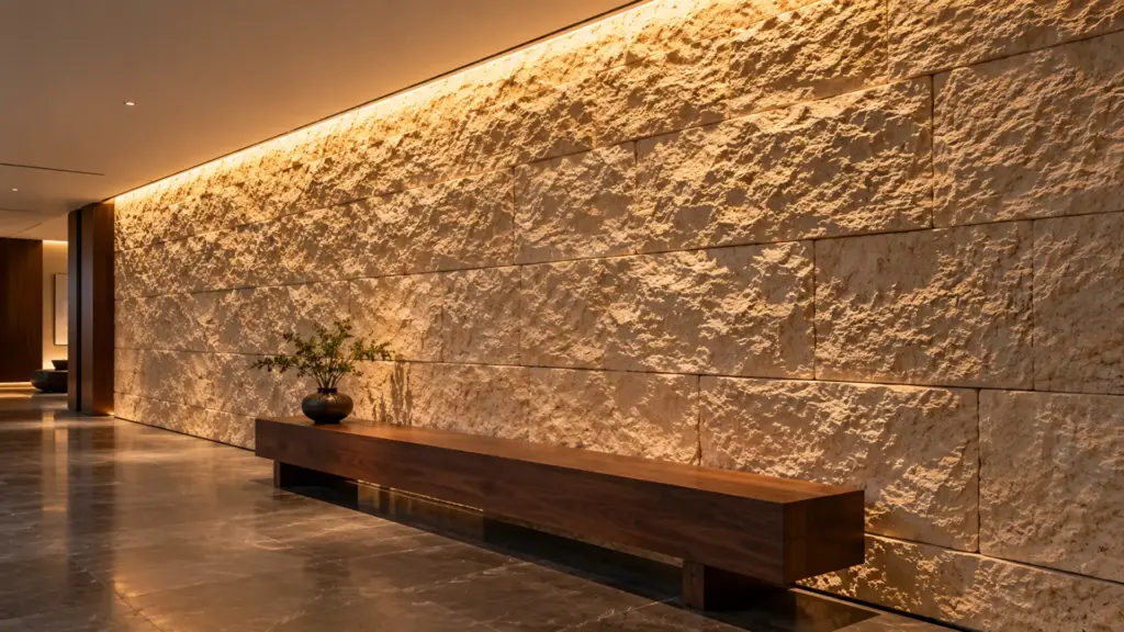 Wall washer grazing a textured stone wall from a close narrow beam