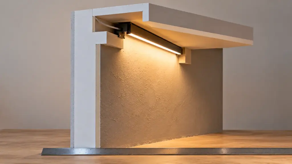 Cutaway sample of a ceiling pocket with a wall washer bar at the setback