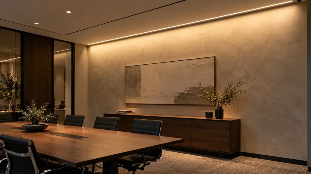 Silicone lens bar wall washer lighting a conference room feature wall