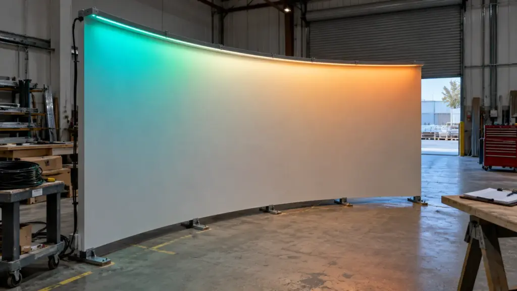 Curved mockup panel with flexible RGBW wall washer bar fitted around the radius