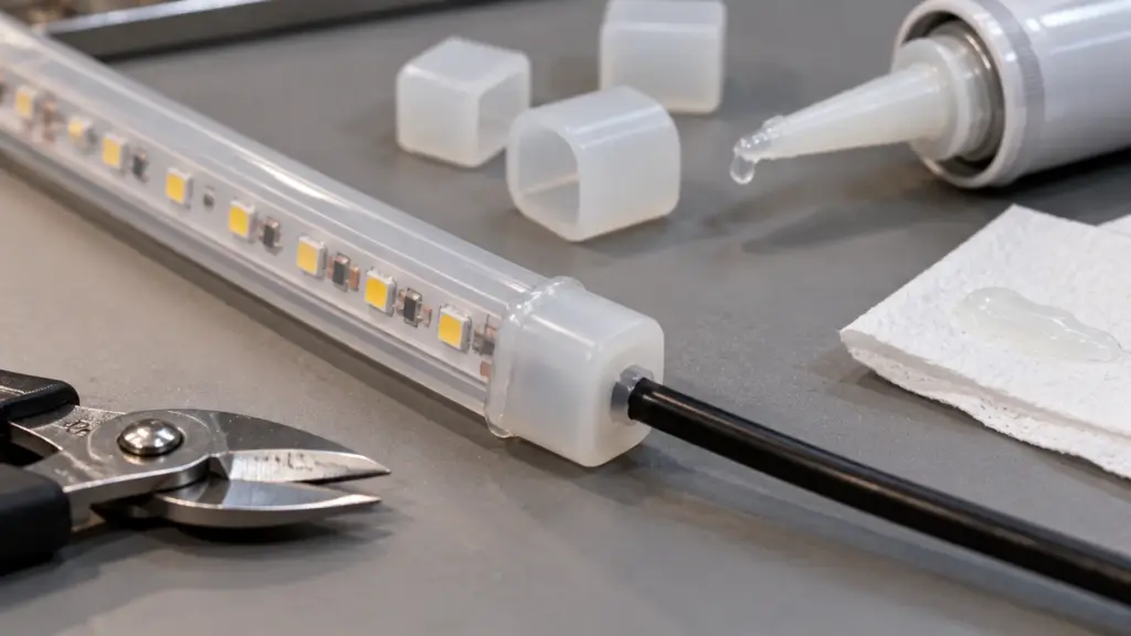 Close-up on a workbench of a silicone end cap being pressed onto the cut end of IP68 tube strip, sealant squeezing out at the joint