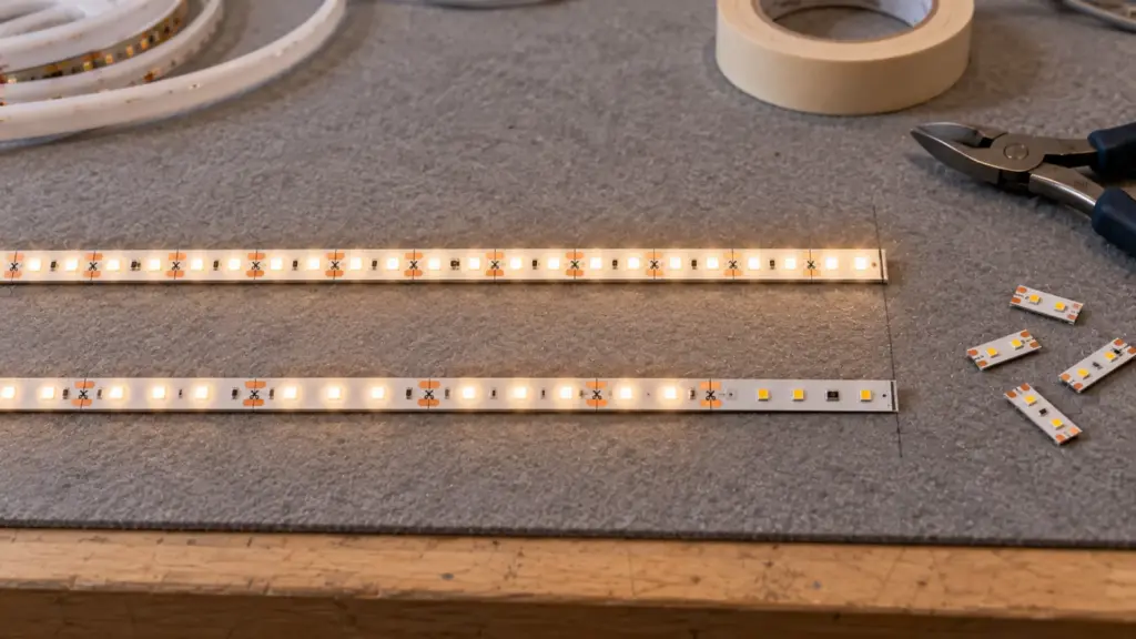 Two strips on a workbench with cut marks and copper pads, one cut at a coarse interval and one at a fine interval
